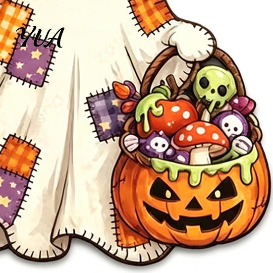 Home Wall Embellishment Halloween Cute Bow Ghost Door Sign, Wooden Patchwork Hanging Plaque with Pumpkin Candy Basket, Retro Pendant Lanyard for Front