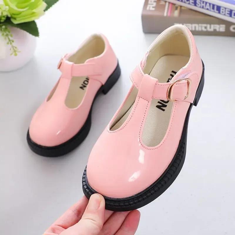 Обувь для девочек из кожи с Т-образным ремешком, модная детская школьная обувь черного цвета с вырезами, весенне-осеннее платье, балетки, средняя детская обувь для принцесс