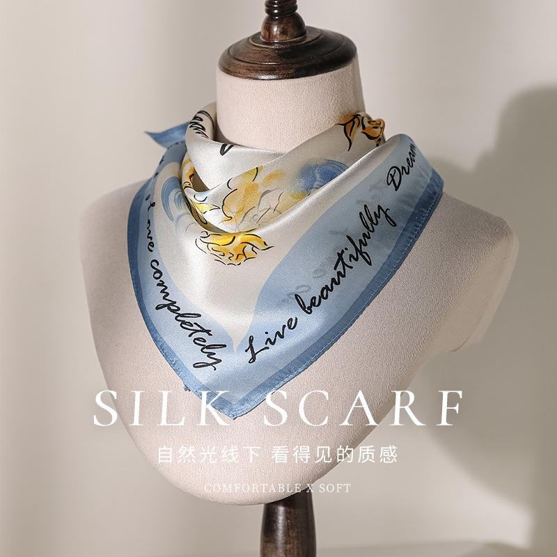 Silk small square scarf scarf women's spring and summer mulberry silk high-end versatile printing blue sunscreen neck protection neck silk scarf
