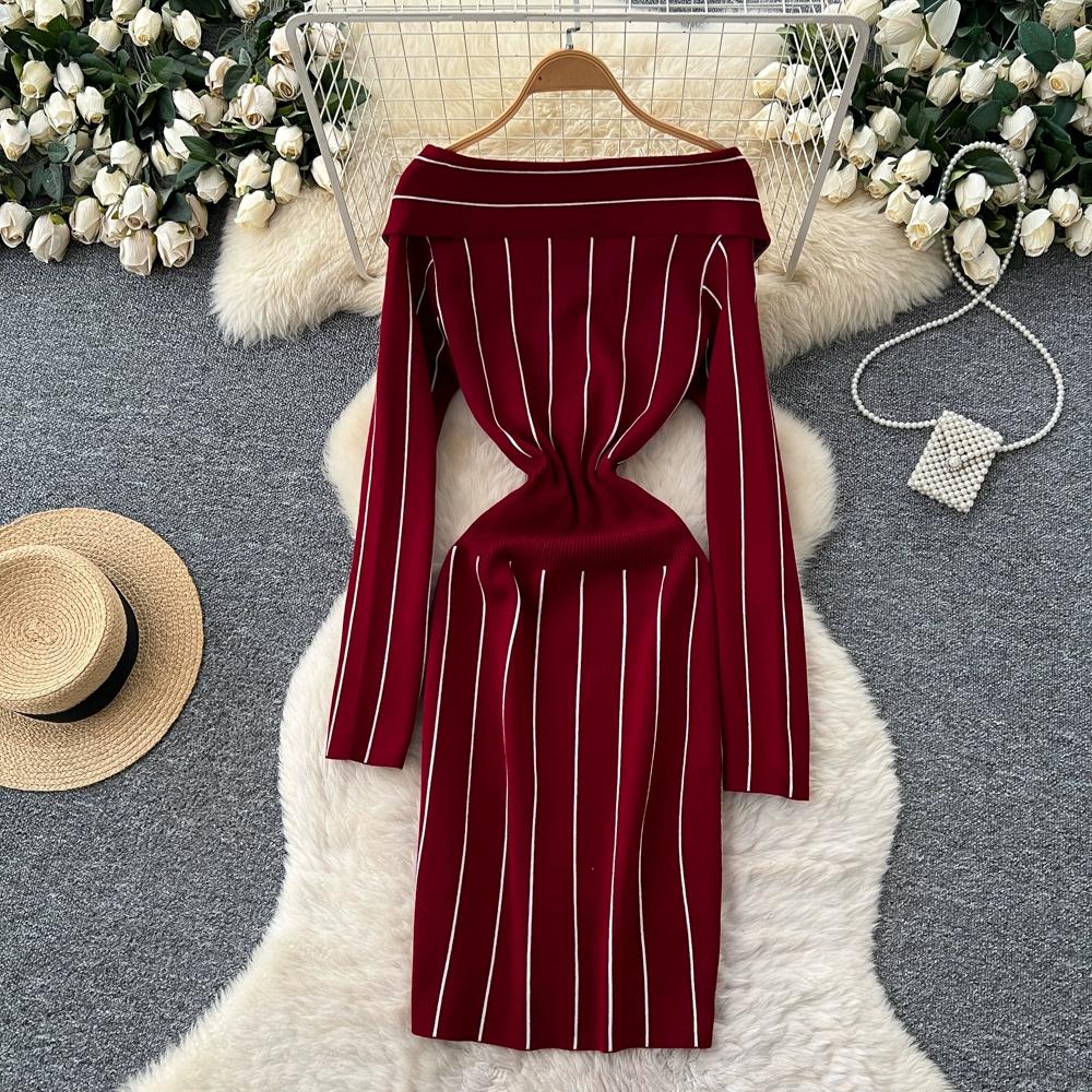 Осень Зима Женский Повседневный Вязаный Свитер с V-образным вырезом и длинным рукавом в полоску, Облегающее Платье-футляр