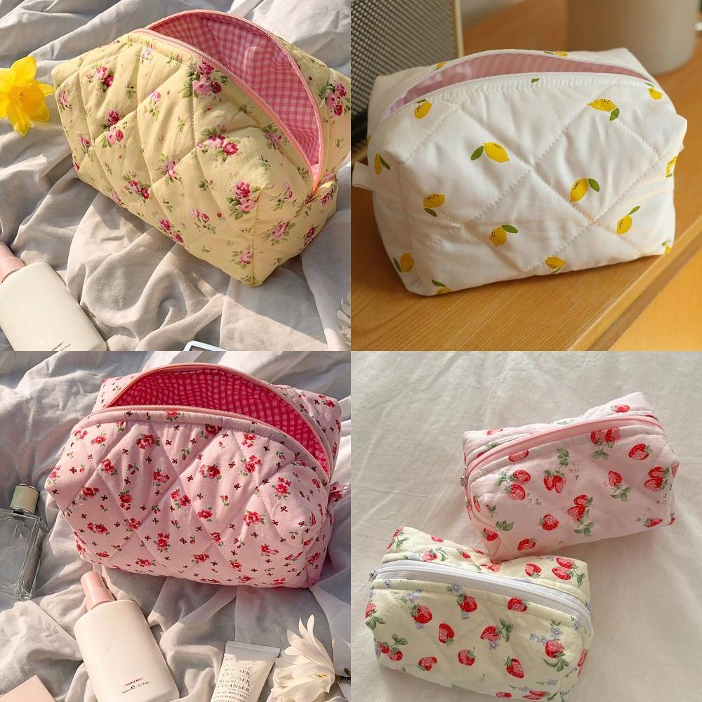 Flower StrawberryPrinted Floral Puffy Quilted Makeup Bag Toiletry Handbag for Women Girls