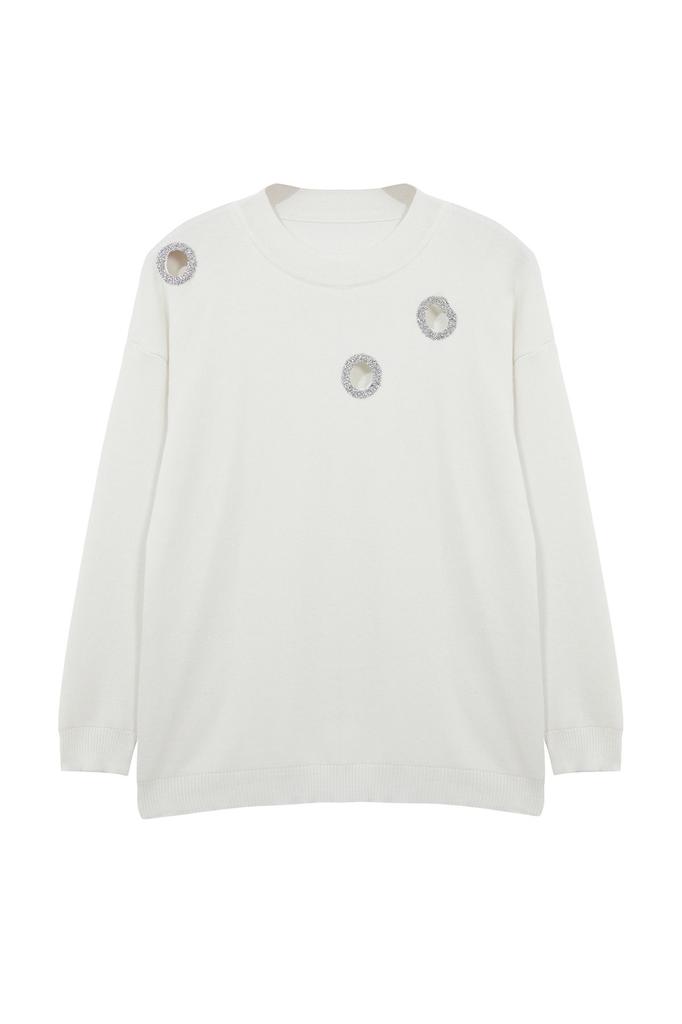 Women's Fashion Stylish Plus Size Sweater Black Stoned Cut Out Detailed Knitwear Sweater