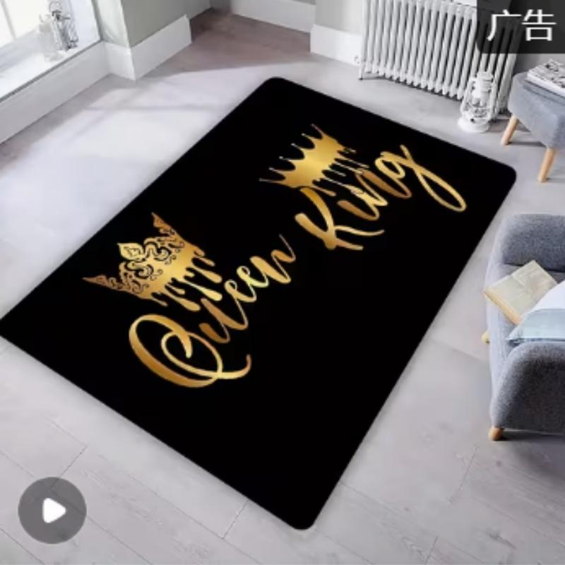 Newest Black Gold Queen King Crown Text Large Area Rug Non Slip Couple Living Room Floor Carpet