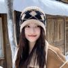 Retro Diamond Pattern Knitted Hat for Women In Autumn and Winter with Wool Jacquard Cold Hat Casual Versatile Large Head Circumference Woolen Hat