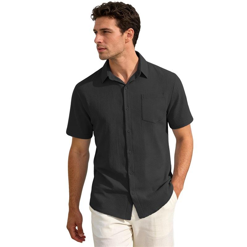 Men's Waffle Texture Short Sleeve Button Down Shirt Casual Pocketed Summer Top