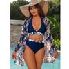 Halter Print Bikini Sets 3PCS Women Swimsuit With Kimono High Waist Swimwear Female Bathers Bathing Swimming Swim Suit Beachwear