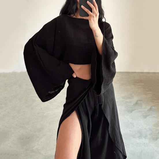 2 Pcs/Set Women Crop Top Pants Set Long Sleeve Boat Neck Short Top High Waist