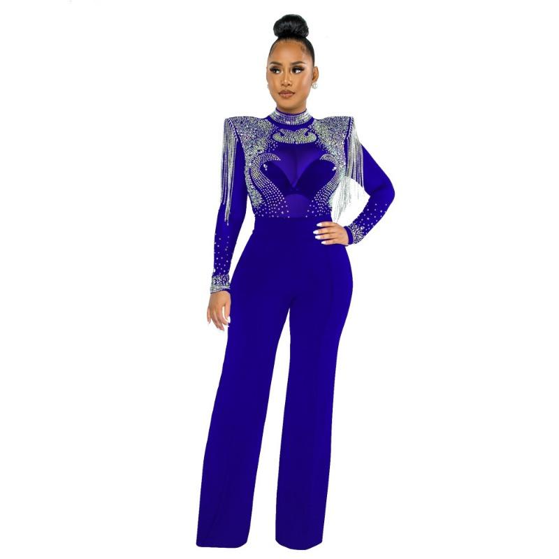 Women's Fashion Sexy Casual Slim High Neck See-through Hot Diamond Tassel Models Jumpsuit Women