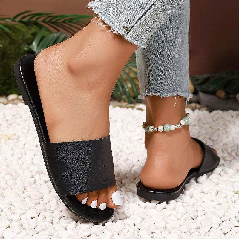 Женская обувь 2024 года, женские тапочки с открытым носком, повседневные тапочки для улицы, женские тапочки с круглым носком, на плоской подошве, женские