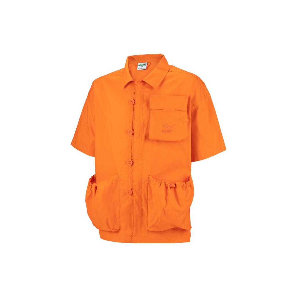 Puma China Culture Tribute Series Solid Color Button-Down Collar Vintage Casual Breathable Short Sleeve Shirt Men Tops Orange-Red 621925-23