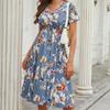 V-образный вырез с мелким цветочным принтом, простота, летняя горячая распродажа, женская одежда, платье с коротким рукавом, средняя юбка