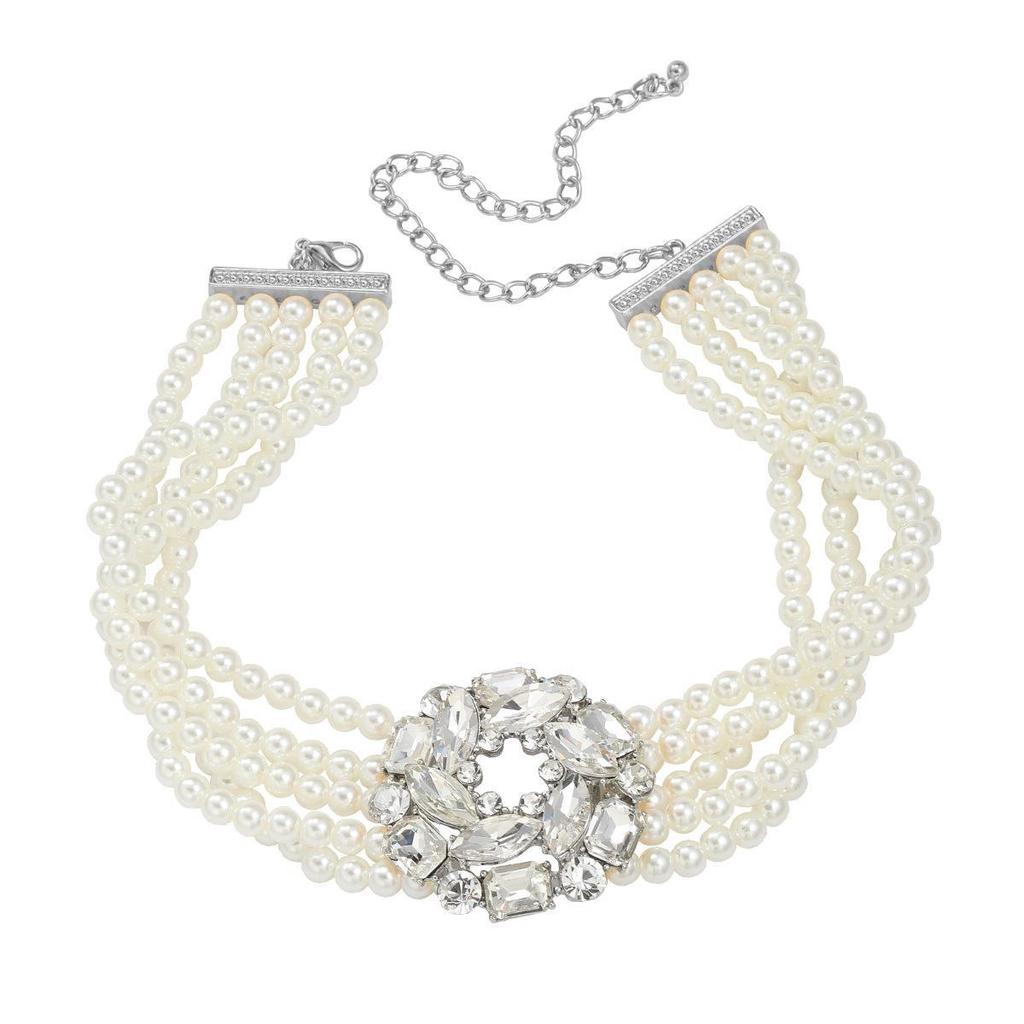 Multi-layer Imitation Pearl Necklace with Glass Diamond Flower - European & American Style Jewelry
