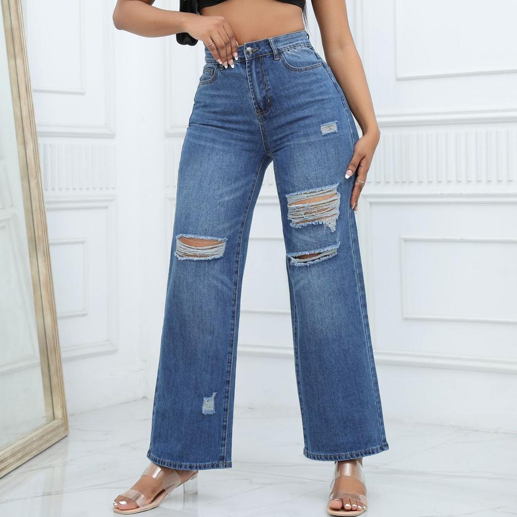 Jeans Women's Ripped Pocket Retro High Waisted Straight Leg Pants