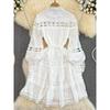 2024 Spring and Autumn Vintage Court Style Elegant Lantern Long Sleeve Round Neck Hollow Out Stitching Single-Breasted A- Line Dress