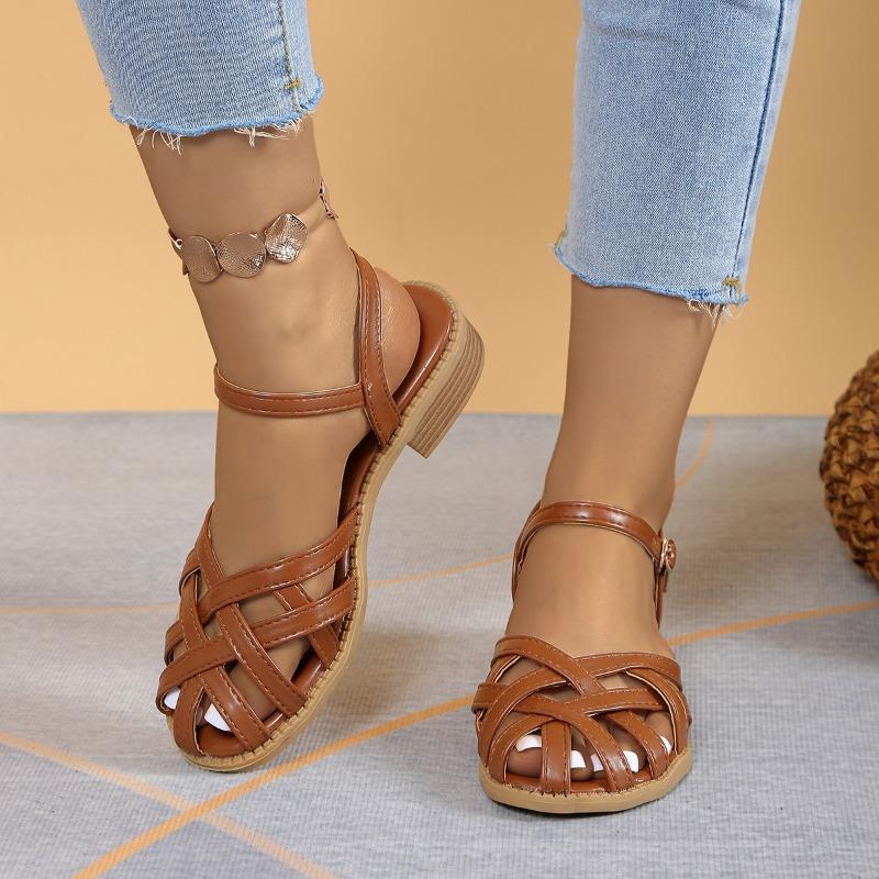 Fashion Baotou Mid-heel Sandals New Summer Round Head Shallow Cross Thin with Soft Sole Anti-slip Wear-resistant Square Heel Shoes