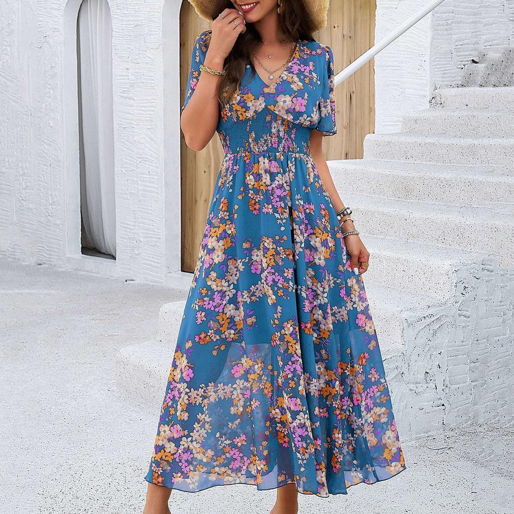 Длинные струящиеся платья Omen's Bohemian с V-образным вырезом и короткими рукавами, приталенные летние платья с цветочным принтом