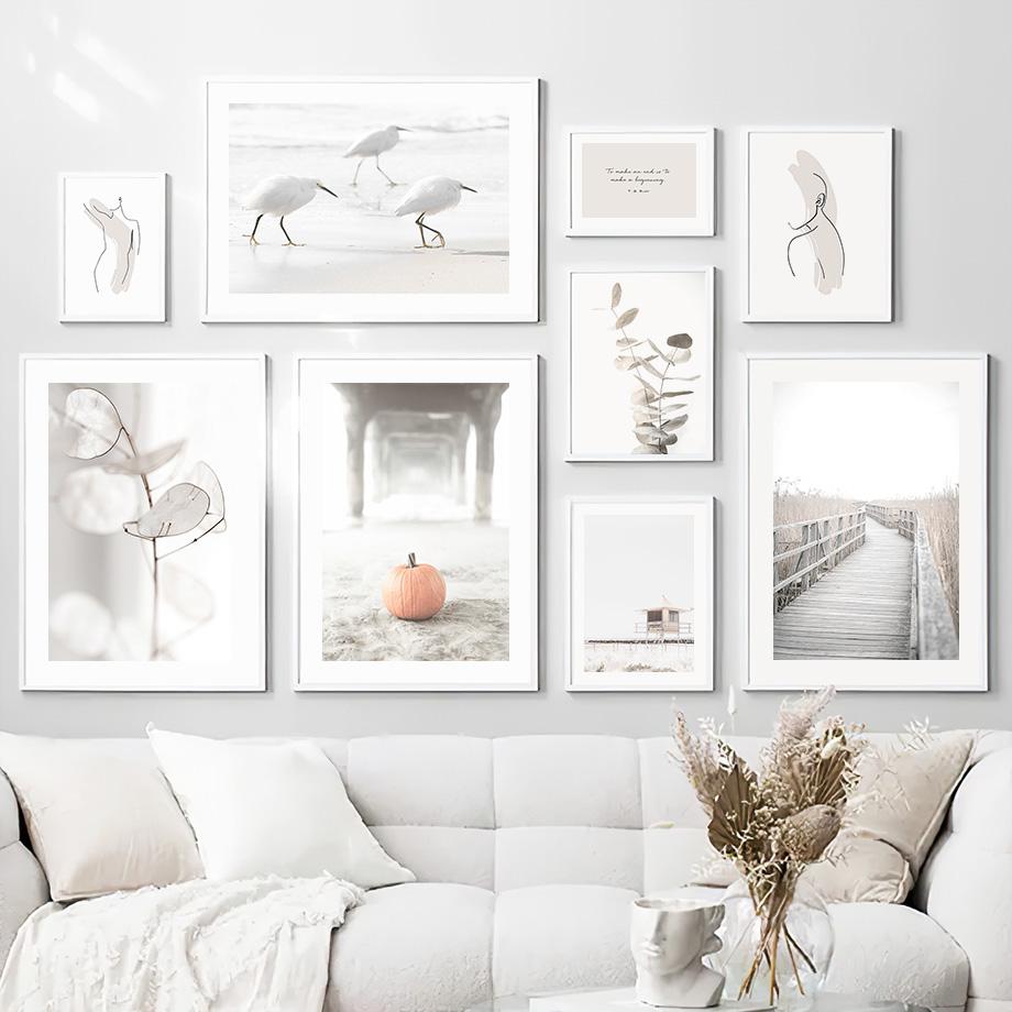 Белый пляж тыква птица цветок листья настенная живопись на холсте плакаты на скандинавскую тему и принты настенные панно для декора гостиной