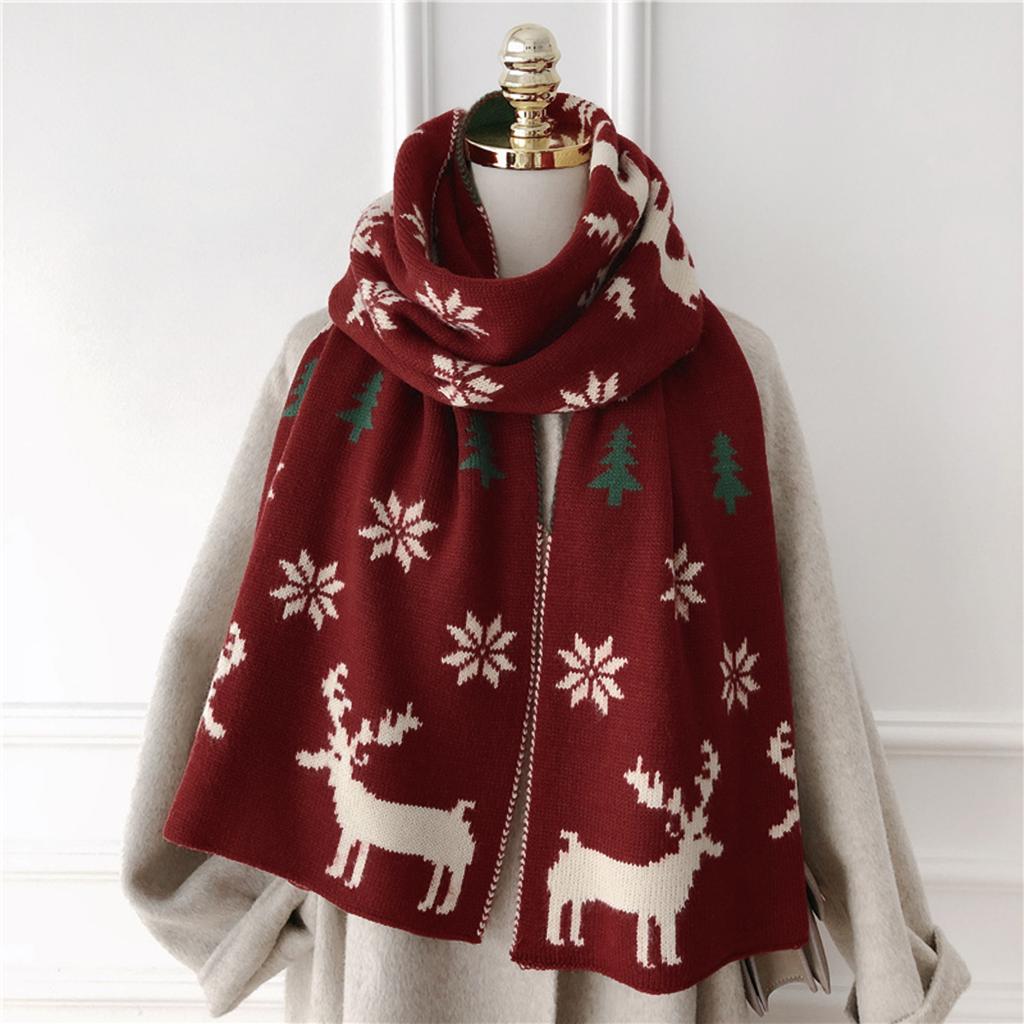 Christmas Red Knitted Cotton Shawls Scarf Woman Winter Warmer Scarves Deer Elk Printed Wrap Female Muffler Gift Scarf  Shawls