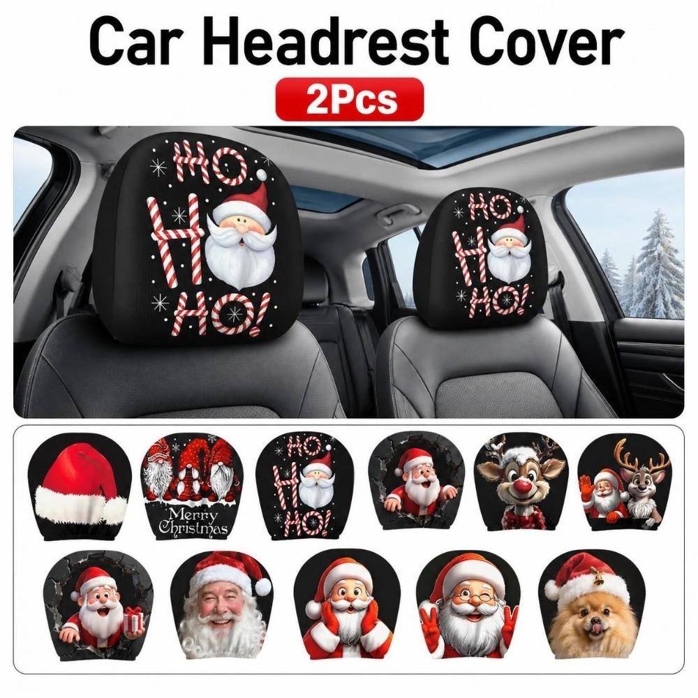 2Pcs Santa Claus Car Headrest Cover Cartoon Auto Seat Headcover Gift for Car Lover