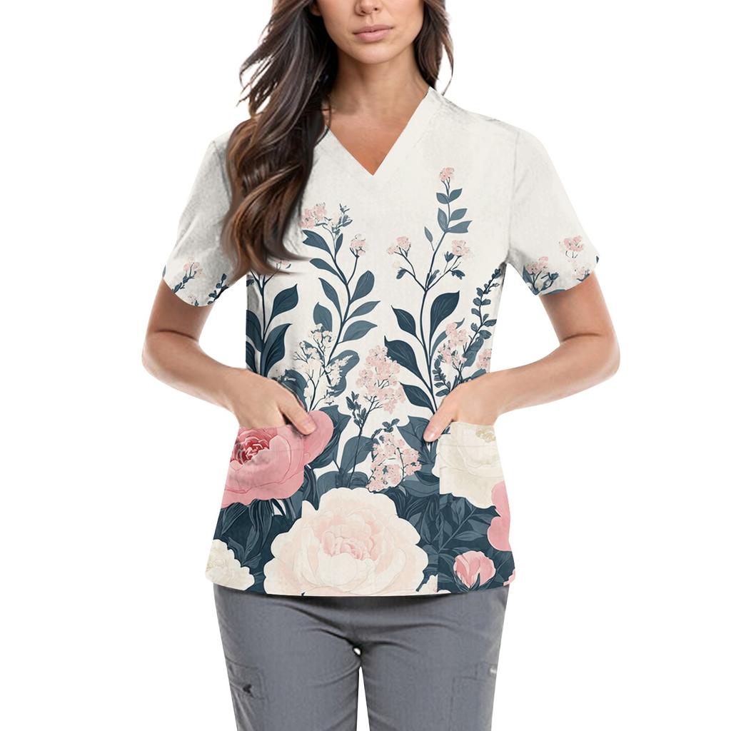 Женская симпатичная принтованная рабочая одежда с V-образным вырезом, двухслойными карманами, базовым коротким рукавом, пуловером ко Дню святого Валентина