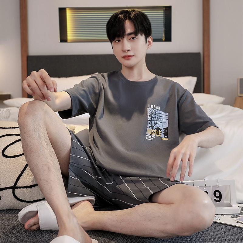 Letter Cotton Homewear for Men Summer Nightwear Shorts Short Sleeping Top Home Clothing Young Boy O Neck Pjs Loungewear Dropship