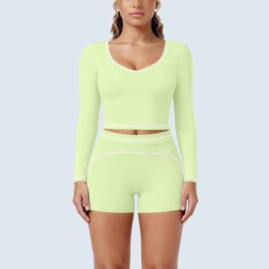 New contrasting colors, high elastic, low neck, long-sleeved shorts, yoga suit set, sports running, fitness yoga two-piece set