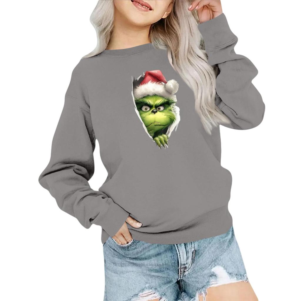 Kids' Fashion Loose-Fit Casual Long-Sleeve Christmas Print Oversized Crewneck Sweatshirt