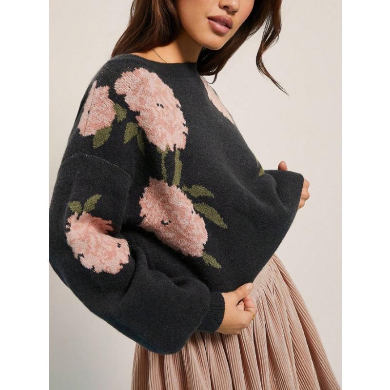 Women S Loose Round Neck Long Sleeve Knit Sweater Lazy Floral Pattern