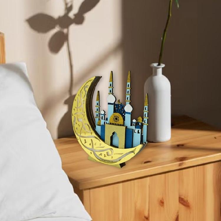 LED Lighted Eid Wood Moon Castles Mosque Ornament Festivals Party Supplies for Home Bedroom Living Room Table Decoration