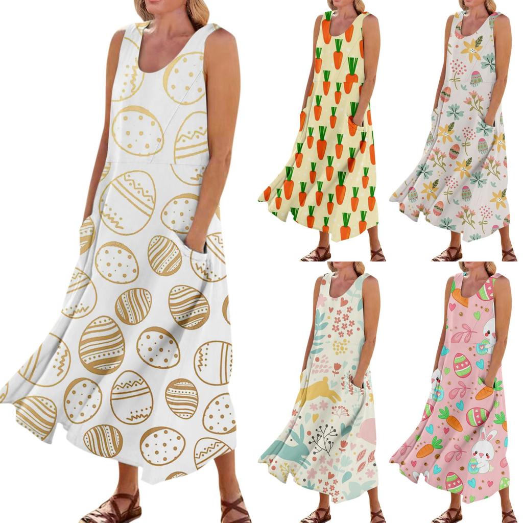 Women's Summer Casual Fashion Easter Printed Sleeveless Round Neck Pocket Dress