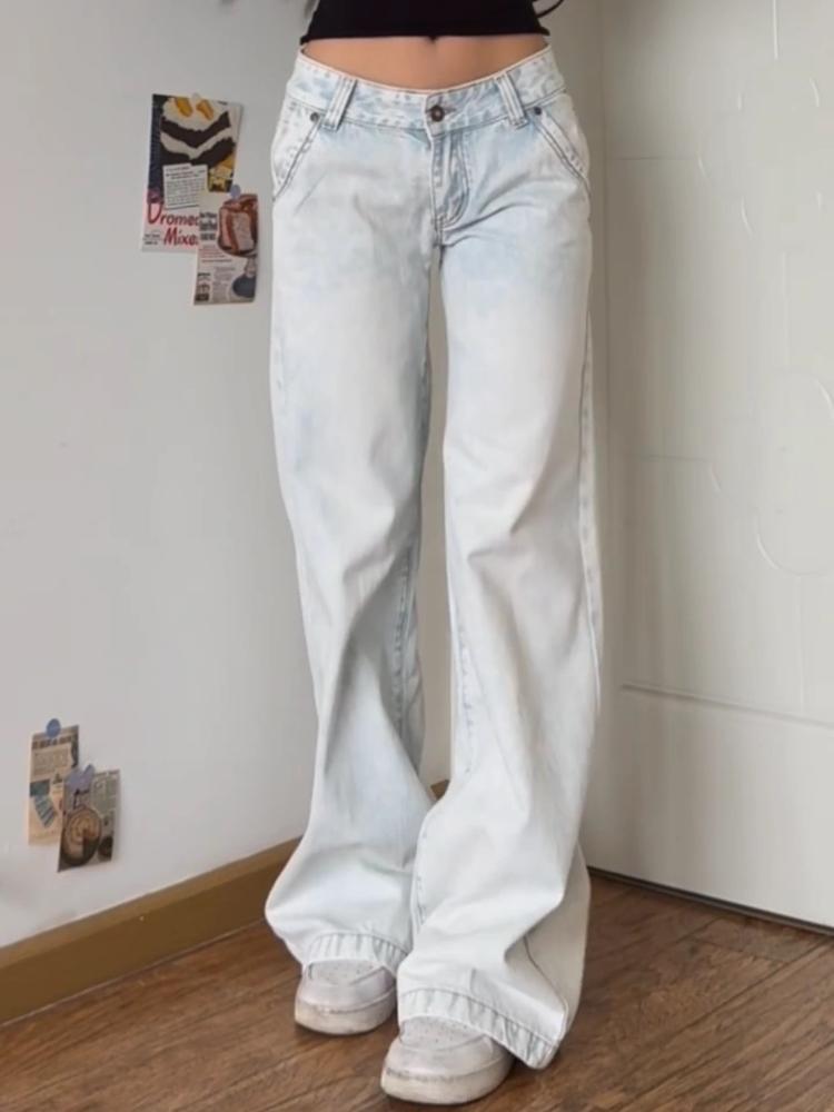 Американские винтажные потертые джинсы High Street, женские, весна-осень, с низкой талией, тонкие, широкие брюки, модный дизайн 2000-х годов, повседневные длинные брюки