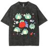 Women's Cartoon Cute Little Frog Strawberry Print T-Shirt, Luxury Design, Short Sleeve, Washed Retro Style Top