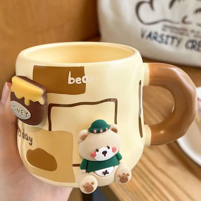 Кружка Honey Bear из утолщенной керамики с крышкой и ложкой, кофейная чашка, 3D магнитная съемная адсорбционная вешалка, посуда для питья
