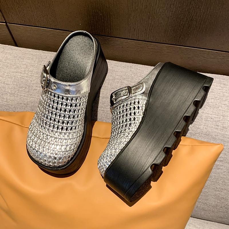 Модные новые женские сандалии-слипоны на платформе, толстая подошва, высокий каблук 8,5 см, летние плетеные кожаные дышащие уличные шлепанцы для ходьбы