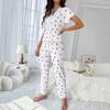 2 Pcs/Set Pajamas Suit Lace Splicing V Neck Short Sleeve Top Cherry Printing Homewear Outfit Casual Top Pants Sleepwear Set