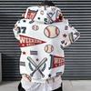 Men Plus Size Long Sleeve Drawstring Hoodie Printed Kangaroo Pocket White Pullover