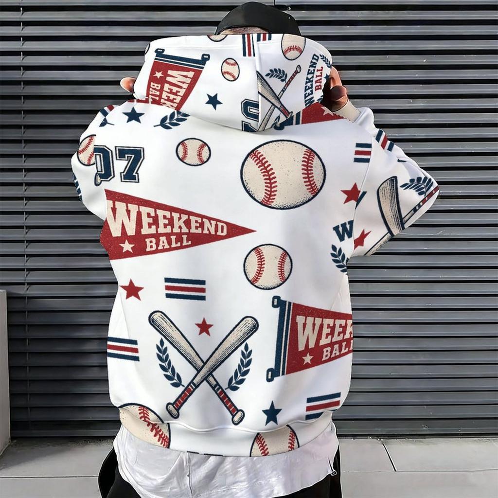 Men Plus Size Long Sleeve Drawstring Hoodie Printed Kangaroo Pocket White Pullover