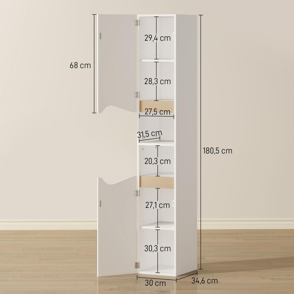 Bathroom Cabinet, Narrow, 2 Doors, Open Compartments, 30 x 34.6 x 180.5 cm, White