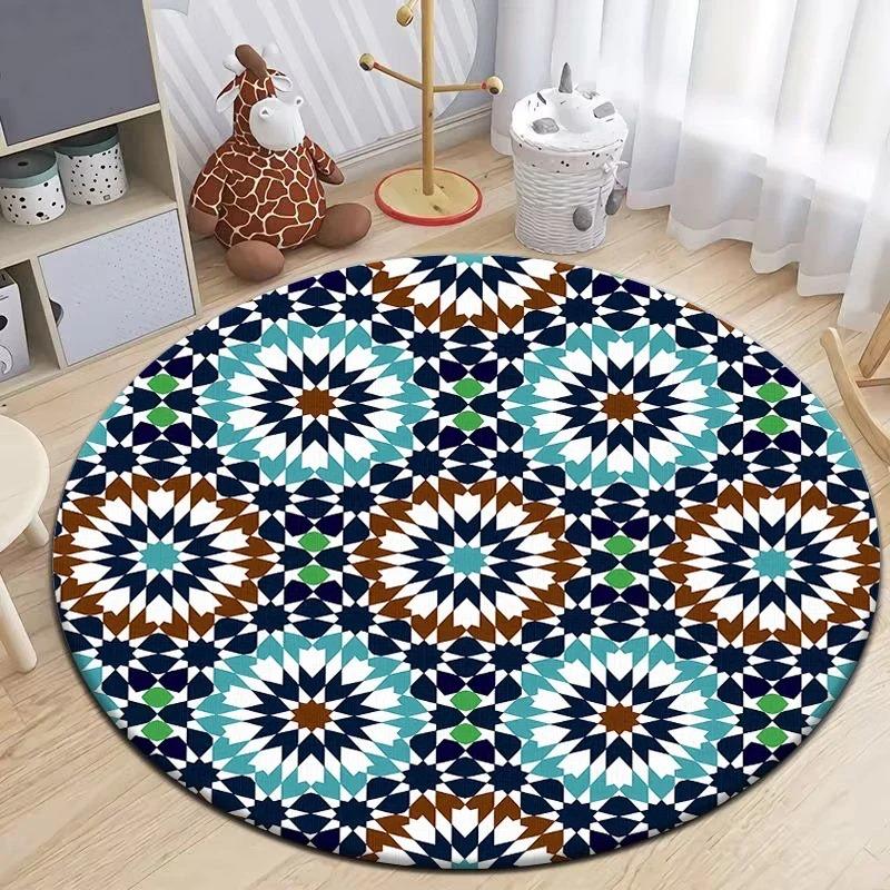 Moroccan Style Print Round Living Room Area Rug Camping Picnic Mat Non-Slip Yoga Door Floor Mat