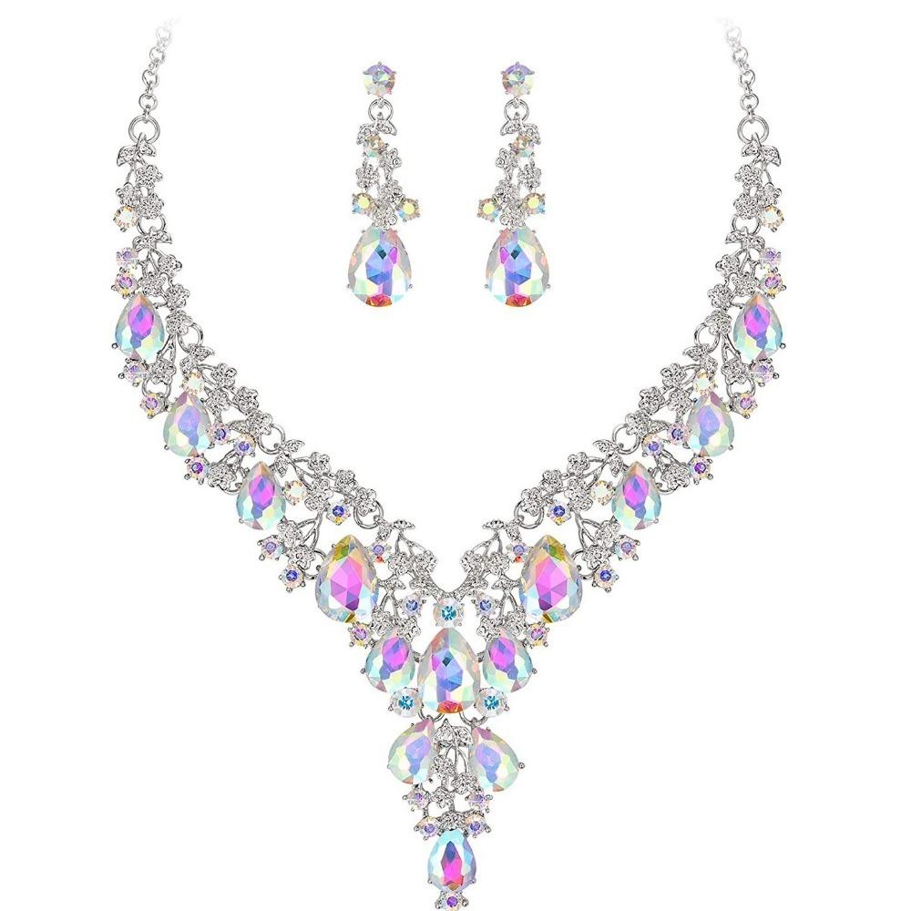 Rhinestone Crystal Necklace Earrings Shining Bridal Jewelry Set  Ball Banquet