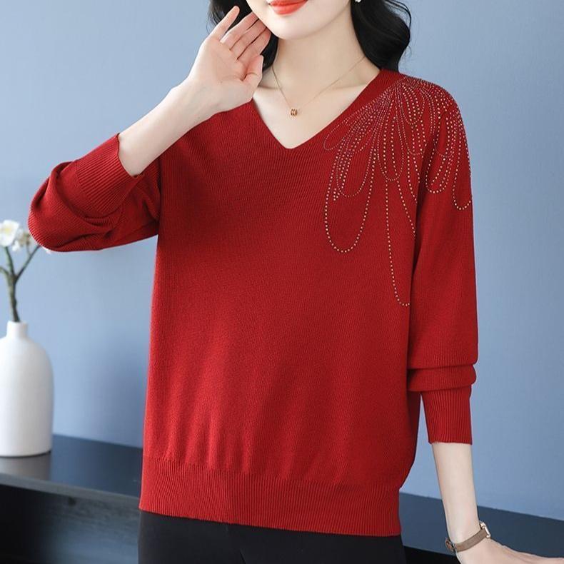 Spring Autumn Women's V-Neck Knitted Sweater Loose Solid Pullover Knitwear Thin Rhinestone Knit Top
