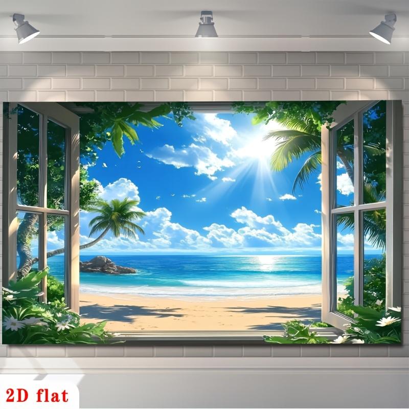 2D flat banner 1 piece. Tropical beach window scene with palm tree landscape art polyester background fabric.