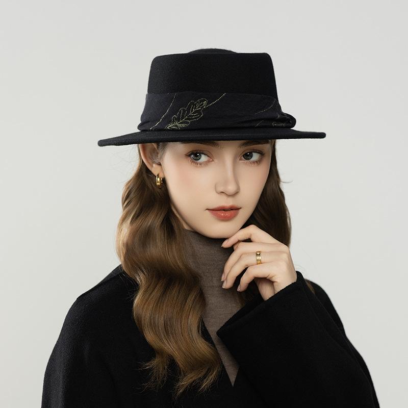 British wool flat hat fashion top hat autumn and winter European and American style pattern ribbon retro women's hat