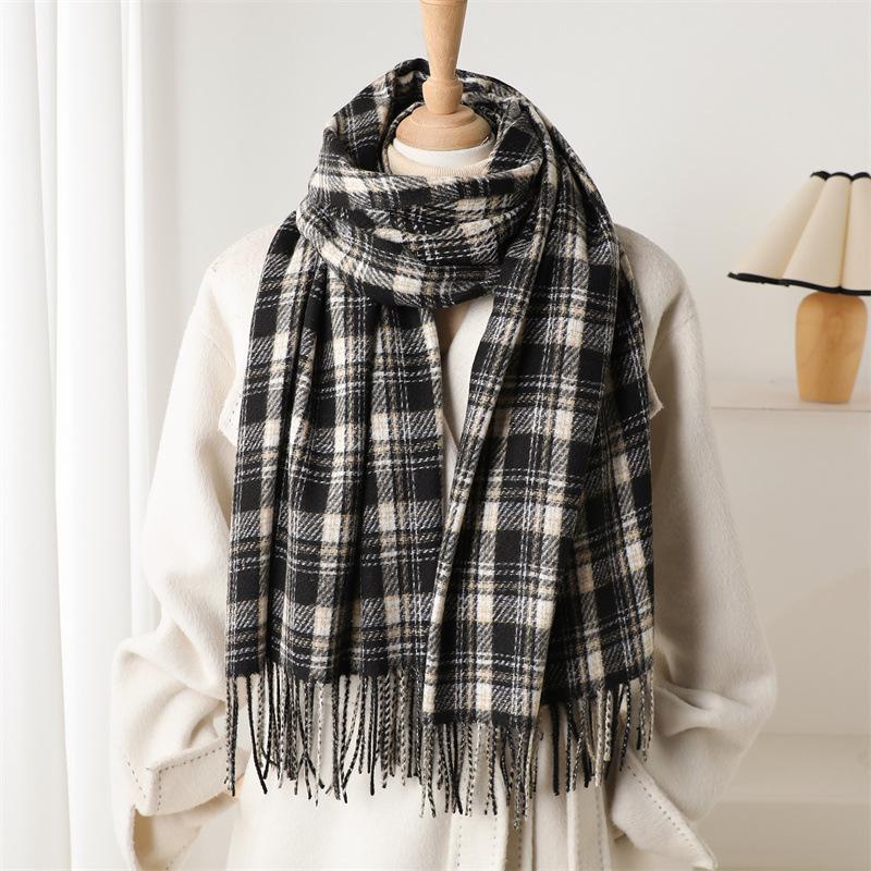 Luxury Brand Winter Women Plaid Cashmere Scarf Warm Neckerchief Pashmina Foulard Blanket Casual Lattice Tassel Scarves Muffler