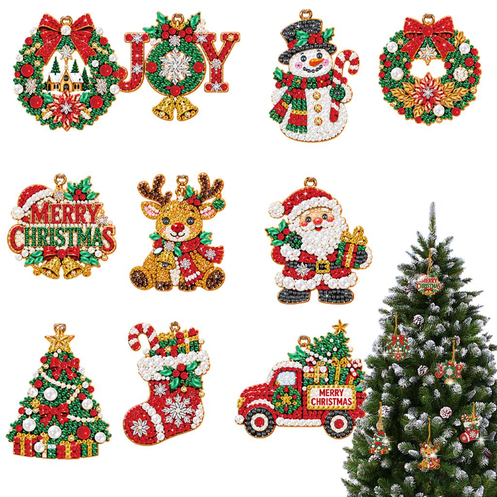 10Pcs DIY Christmas Ornament Diamond Painting Wooden Pendant Pearl Gem Hanging Decor Kit 10cm