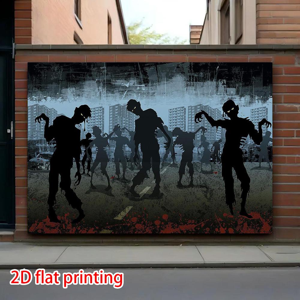 2D flat banner, 1 Halloween party background, with a horror zombie silhouette design in the painting style
