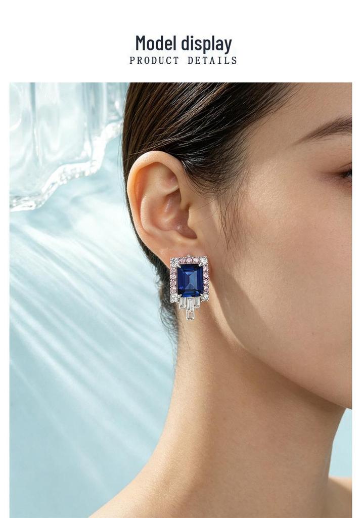 Серьги из стерлингового серебра S925 с прямоугольным сапфиром для женщин от Zhou Hengfu - Элегантная легкая роскошь, модные.