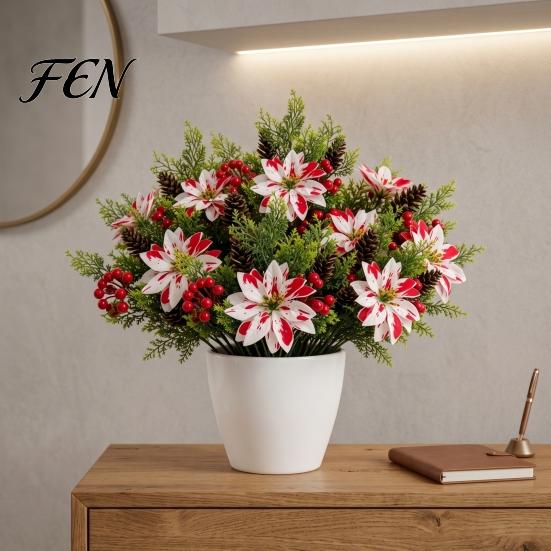 Faux Silk Christmas Blooms 5 Heads Artificial Poinsettia Flowers, Fake Pine Berry Decoration, Decorative Floral Arrangements Fade-Resistant