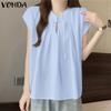 Women Summer Round Neck Short Sleeve Solid Color Loose Blouses