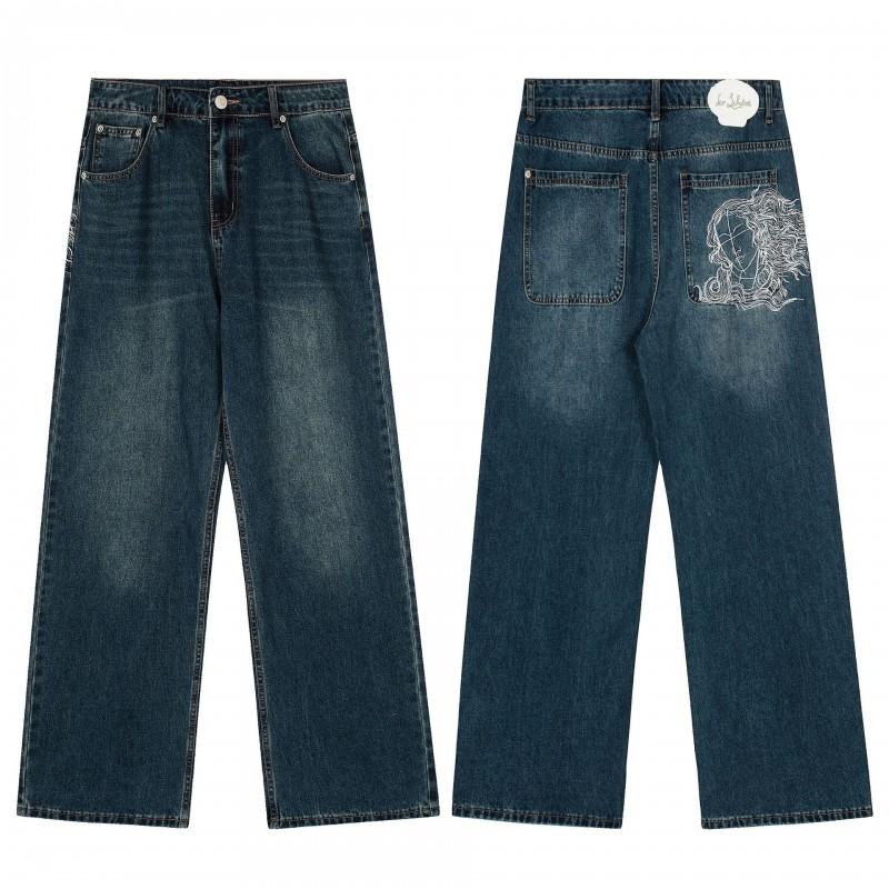 2026 Streetwear DRET Vintage Embroidered Cherry Blossom Straight Leg Jeans Teens Men Women